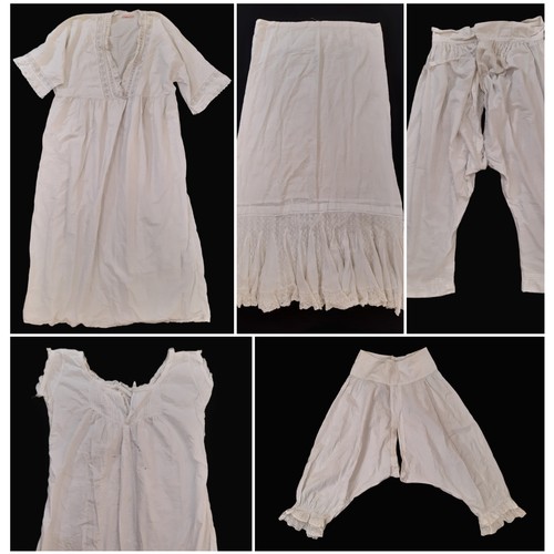 702 - Five white cotton lingerie garments from late 19th to early 20th century comprising a long petticoat... 