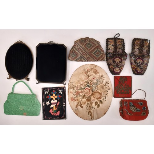 703 - A mixed collection of vintage textiles including a needlepoint evening purse 24x15cm, an Art Deco gr... 