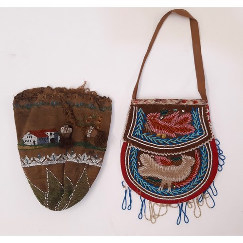 704 - A 19th century Native American beaded purse 17x16cm together with a leather lined beaded drawstring ... 