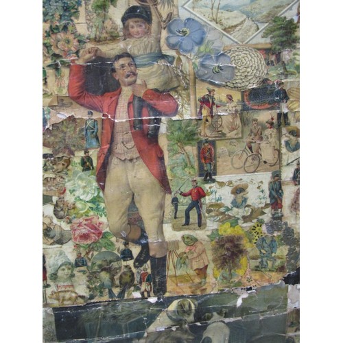 1285 - A Victorian free standing two fold screen with collage scrap work panels, 122cm high x 57cm (each pa... 