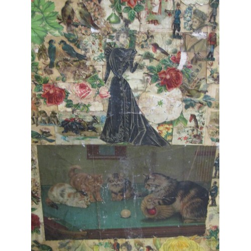 1285 - A Victorian free standing two fold screen with collage scrap work panels, 122cm high x 57cm (each pa... 