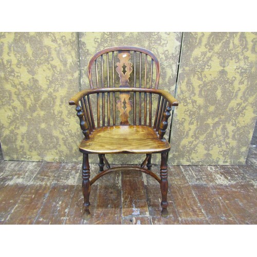 1349 - A pair of Georgian Windsor elbow chairs in ash and elm woods with crinoline stretchers