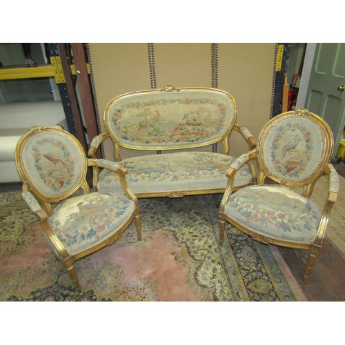 1355 - Late 18th/early 19th century gilt and tapestry panelled three piece suite the moulded framework encl... 