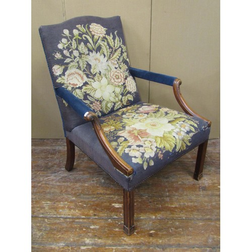 1356 - A pair of Gainsborough style open arm chairs with carved detail and hand worked tapestry seats and b... 