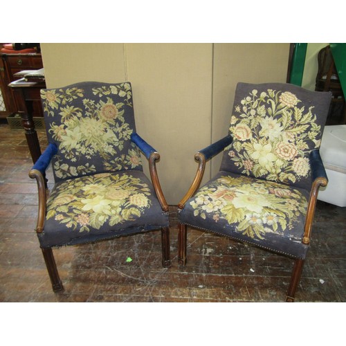 1356 - A pair of Gainsborough style open arm chairs with carved detail and hand worked tapestry seats and b... 