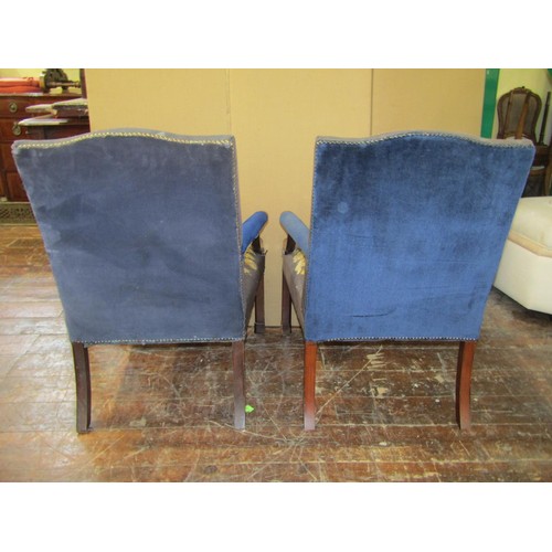 1356 - A pair of Gainsborough style open arm chairs with carved detail and hand worked tapestry seats and b... 