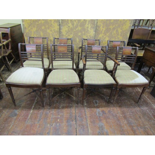 1369 - A set of eight (6+2) Georgian mahogany dining chairs with rail backs and marquetry panels, with drop... 