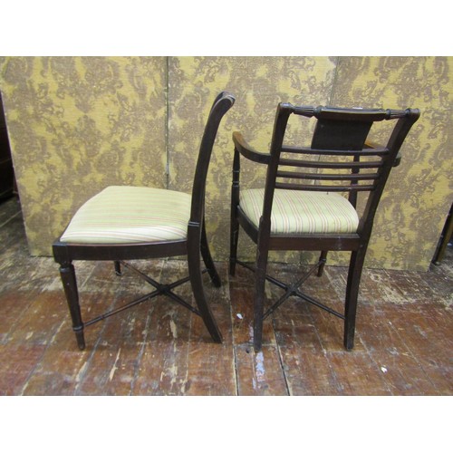 1369 - A set of eight (6+2) Georgian mahogany dining chairs with rail backs and marquetry panels, with drop... 