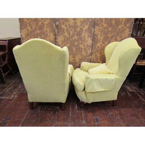 1370 - Pair of Georgian style wing back drawing room chairs on short oak supports, recently re-upholstered