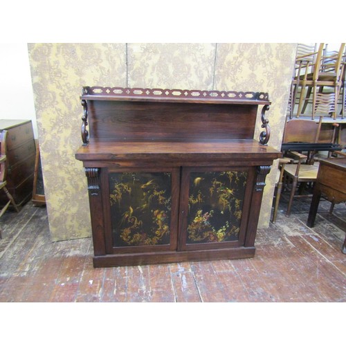 1378 - A decorative regency rosewood chiffonier, the base enclosed by two lacquered panels with chinoiserie... 