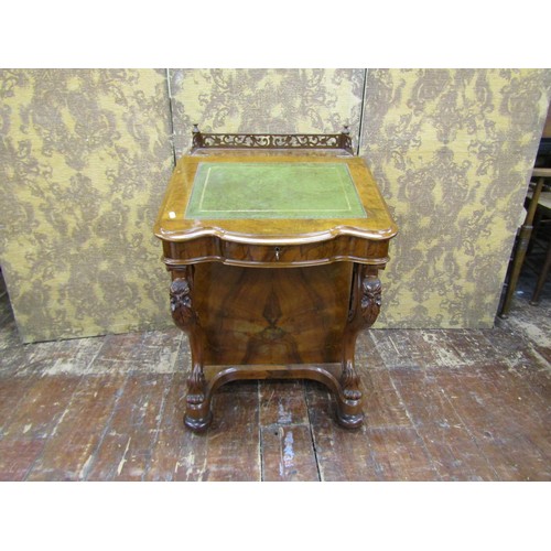 1382 - A Victorian figured walnut davenport of usual form with cabriole supports and gilt tooled leather to... 