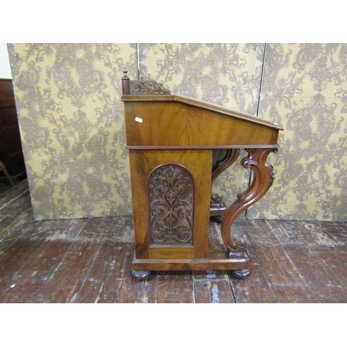 1382 - A Victorian figured walnut davenport of usual form with cabriole supports and gilt tooled leather to... 