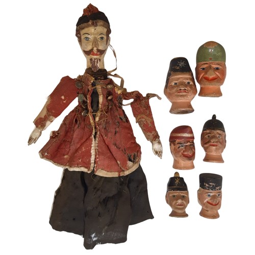 651A - Victorian puppet of an Eastern bearded figure with wooden head and stitched leather hands (clothing ... 