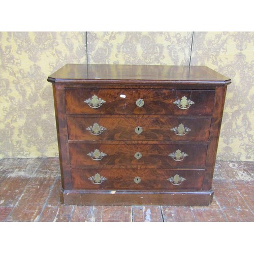 1396 - A French walnut chest of four drawers with brass plate handles on a plinth base, 74cm high x 90cm x ... 