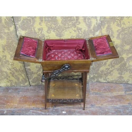 1398 - 19th century rosewood sewing box with fold over top, on splayed supports with under gallery