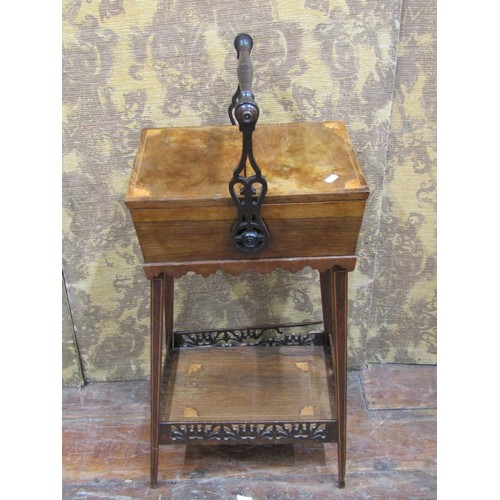 1398 - 19th century rosewood sewing box with fold over top, on splayed supports with under gallery