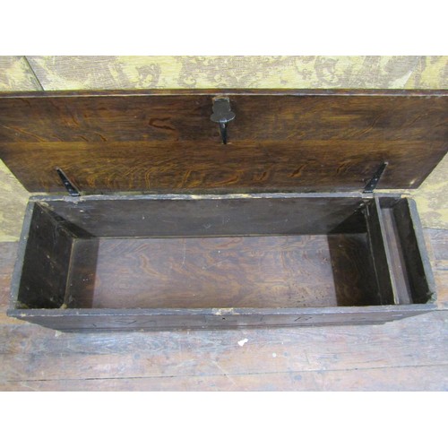 1433 - An oak boarded coffer monogrammed W B 1729, with steel lock plate and hasp, 103cm long