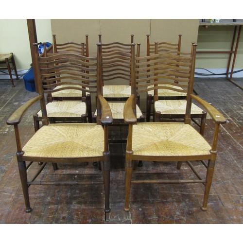 1457 - A set of eight (6+2) Arts & Crafts dining chairs by William Birch in oak, with pierced wavy splat la... 