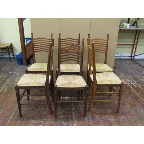 1457 - A set of eight (6+2) Arts & Crafts dining chairs by William Birch in oak, with pierced wavy splat la... 