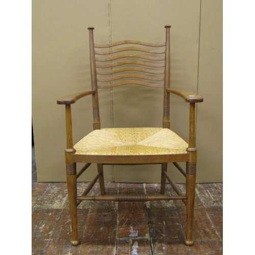 1457 - A set of eight (6+2) Arts & Crafts dining chairs by William Birch in oak, with pierced wavy splat la... 