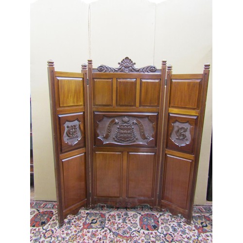 1480 - An Edwardian three-fold screen with armorial crest 1859-1909, 138cm high x 60cm wide when closed