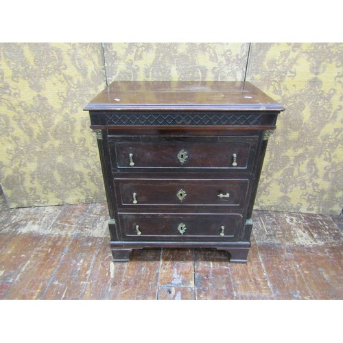 1393 - An antique chest of three long drawers on bracket feet, 70cm wide x 80cm high