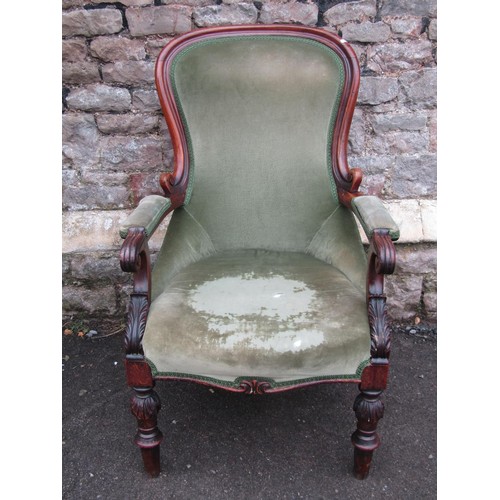 1266 - Two similar Victorian spoon back drawing room chairs with green dralon upholstery, 107 cm high x 70 ... 