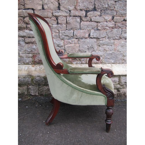 1266 - Two similar Victorian spoon back drawing room chairs with green dralon upholstery, 107 cm high x 70 ... 