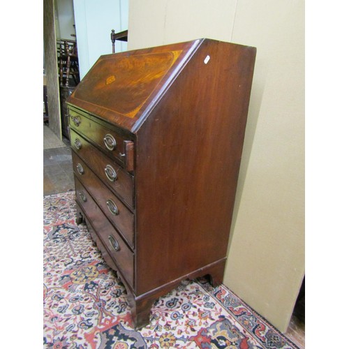 1380 - A Georgian mahogany bureau with inlaid detail of four long graduated drawers, the fall flap enclosin... 