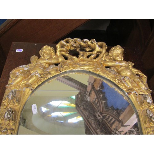 1440 - An 18th century carved pine and gilded wall mirror of arched outline showing cherubs, floral bands, ... 