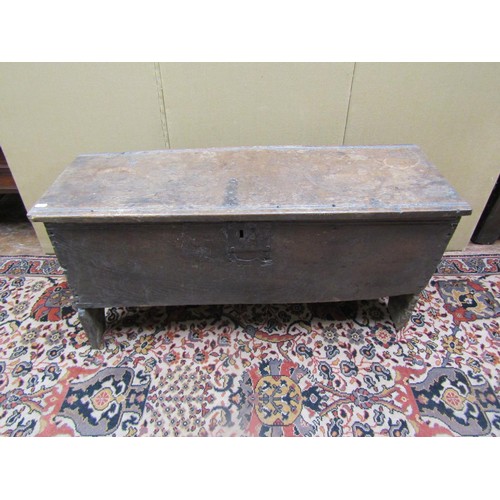 1450 - An 18th century oak six plank coffer with steel lock plate, 100cm wide