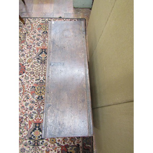 1450 - An 18th century oak six plank coffer with steel lock plate, 100cm wide