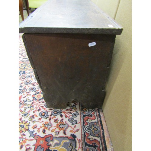 1450 - An 18th century oak six plank coffer with steel lock plate, 100cm wide