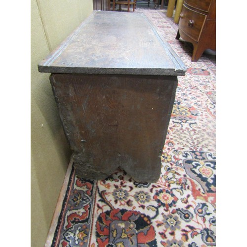 1450 - An 18th century oak six plank coffer with steel lock plate, 100cm wide