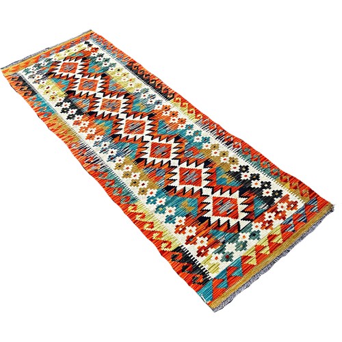 1608 - A Chobi Kilim runner with an all over multicoloured  central row of medallions 200cm x 66cm approxim... 