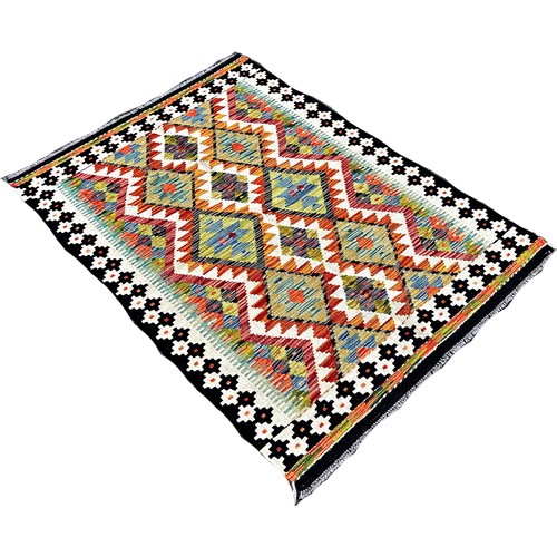 1621 - A Chobi Kilim rug with four alternating rows of stepped diamonds 148cm x 105cm approximately