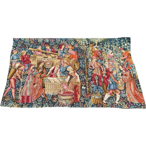 1643 - A 15th century style wall tapestry scene of wine making, the harvest, crushing of the grapes, etc, h... 