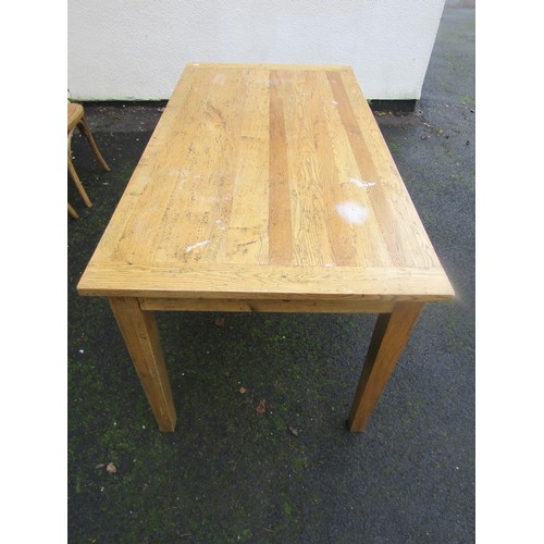 1503 - A good quality contemporary oak dining table with plank top on square tapered legs, together with fo... 