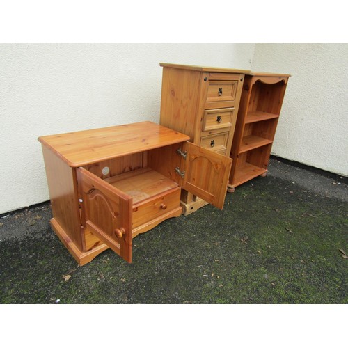 1504 - Low pine cupboard, Mexican pine chest, together with an open bookcase in pine