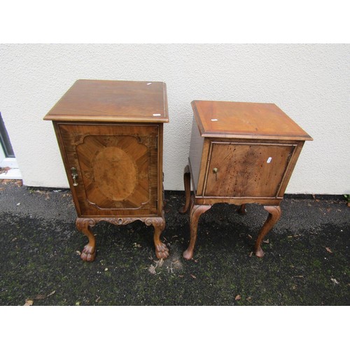 1520 - A figured walnut bedside cupboard on cabriole supports, further example on lions paw feet