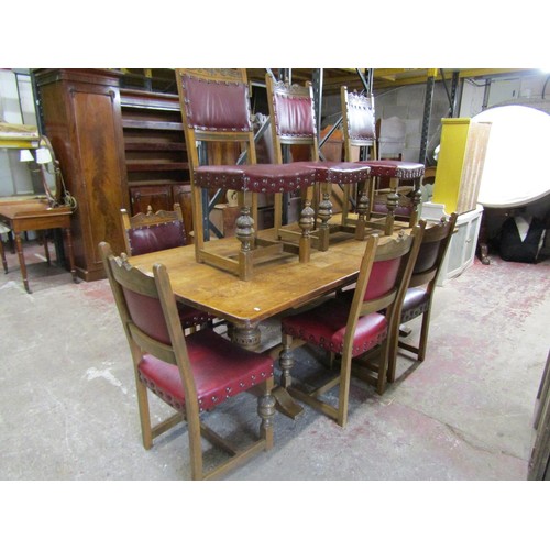 1527 - Large old English oak style refectory table raised on carved pillars with central stretcher, togethe... 