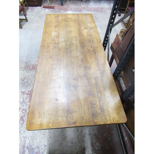 1527 - Large old English oak style refectory table raised on carved pillars with central stretcher, togethe... 