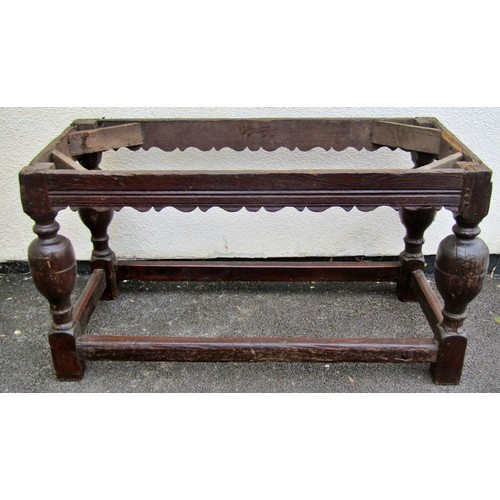 1534 - An old English oak refectory table base (lacking top) 73cm high, 134 x 59cm.