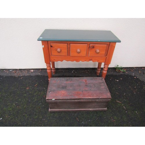 1536 - A small pine side table with three drawers, 76cm high, 92 x 38cm, together with an old pine box, wit... 