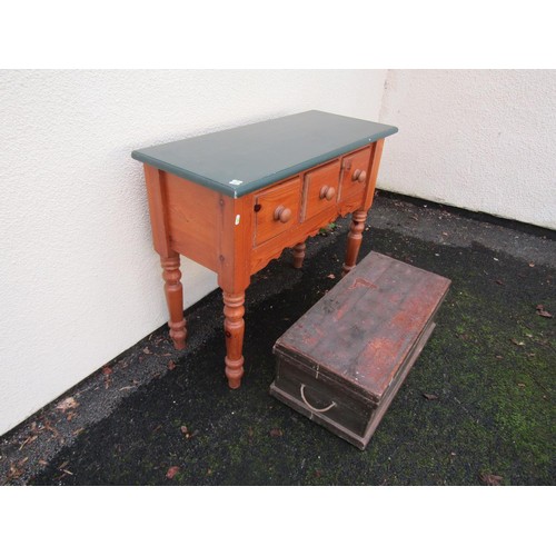 1536 - A small pine side table with three drawers, 76cm high, 92 x 38cm, together with an old pine box, wit... 