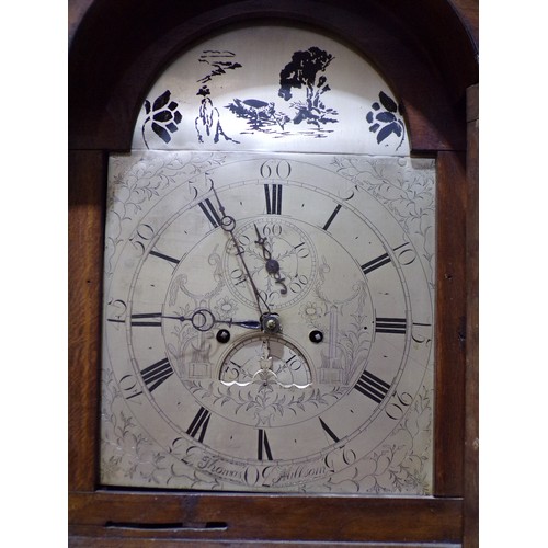 1342 - A Georgian oak longcase clock with broken arch silvered dial, subsidiary calendar and secondary dial... 