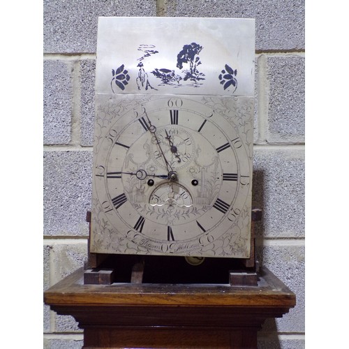 1342 - A Georgian oak longcase clock with broken arch silvered dial, subsidiary calendar and secondary dial... 