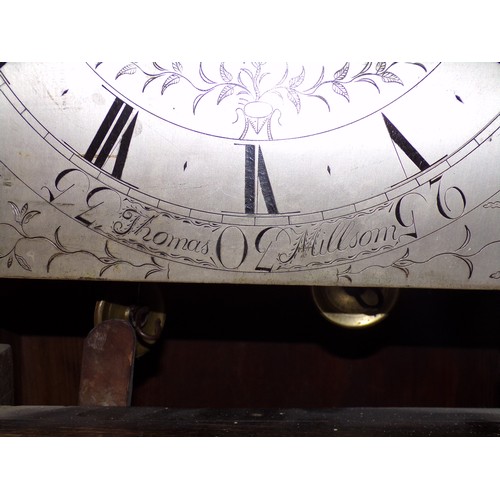 1342 - A Georgian oak longcase clock with broken arch silvered dial, subsidiary calendar and secondary dial... 