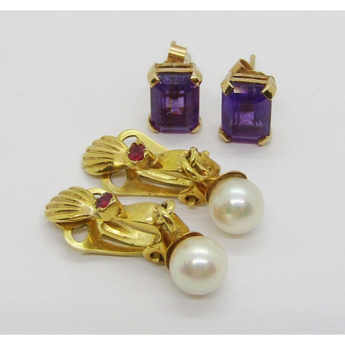 274 - Mixed collection of gem set earrings to include a pair of 9ct amethyst studs, a pair of 9ct ruby and... 