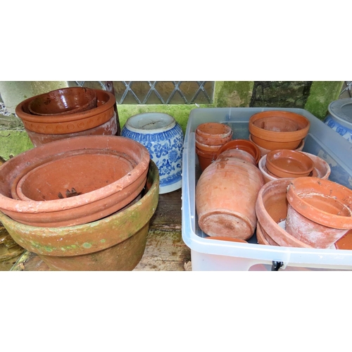 1012 - A quantity of terracotta and other flower pots including a small blue glazed jardinière and two orie... 